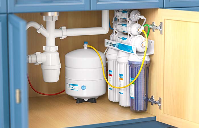 Reverse osmosis water purification system under sink in a kitcha