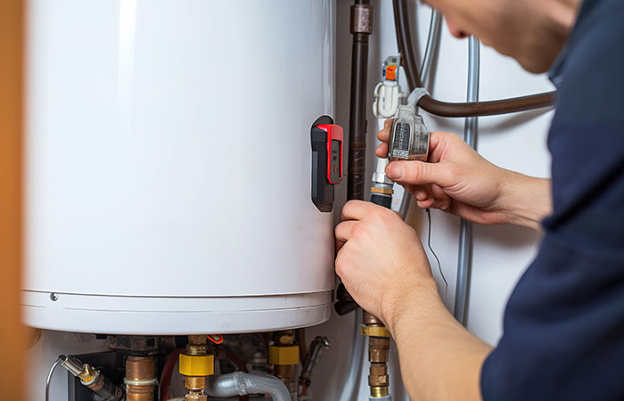 Hydraulic mechanic installer repairs an electric water heater in a house